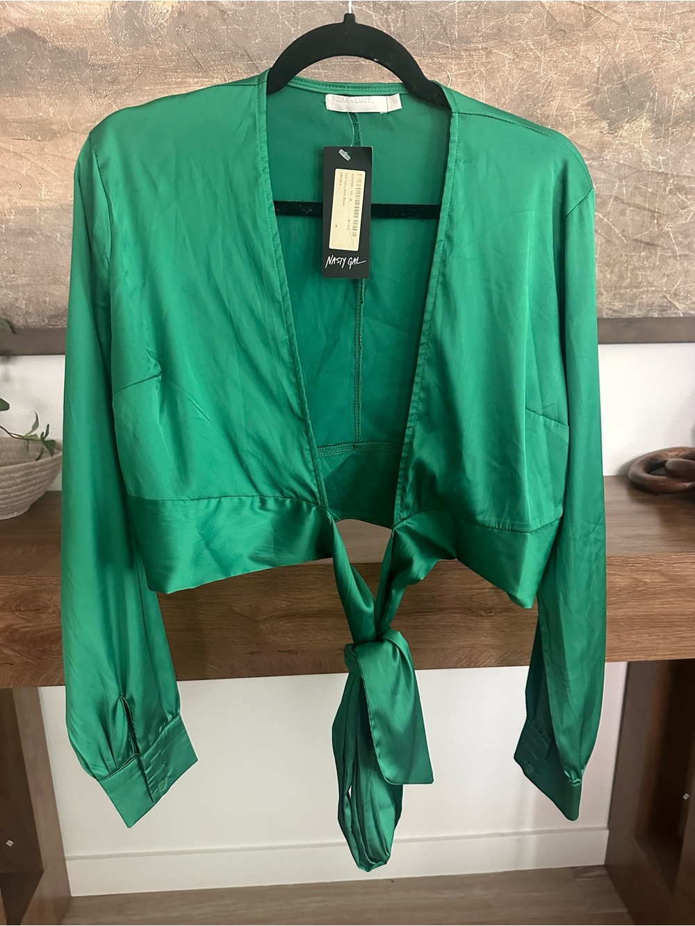 Nasty Gal Emerald Satin Tie-Front Blouse